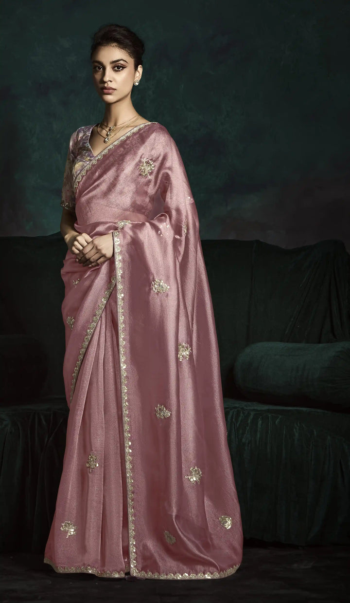 Modern Elegance: Dusty Pink Saree with Embroidered Butti Work