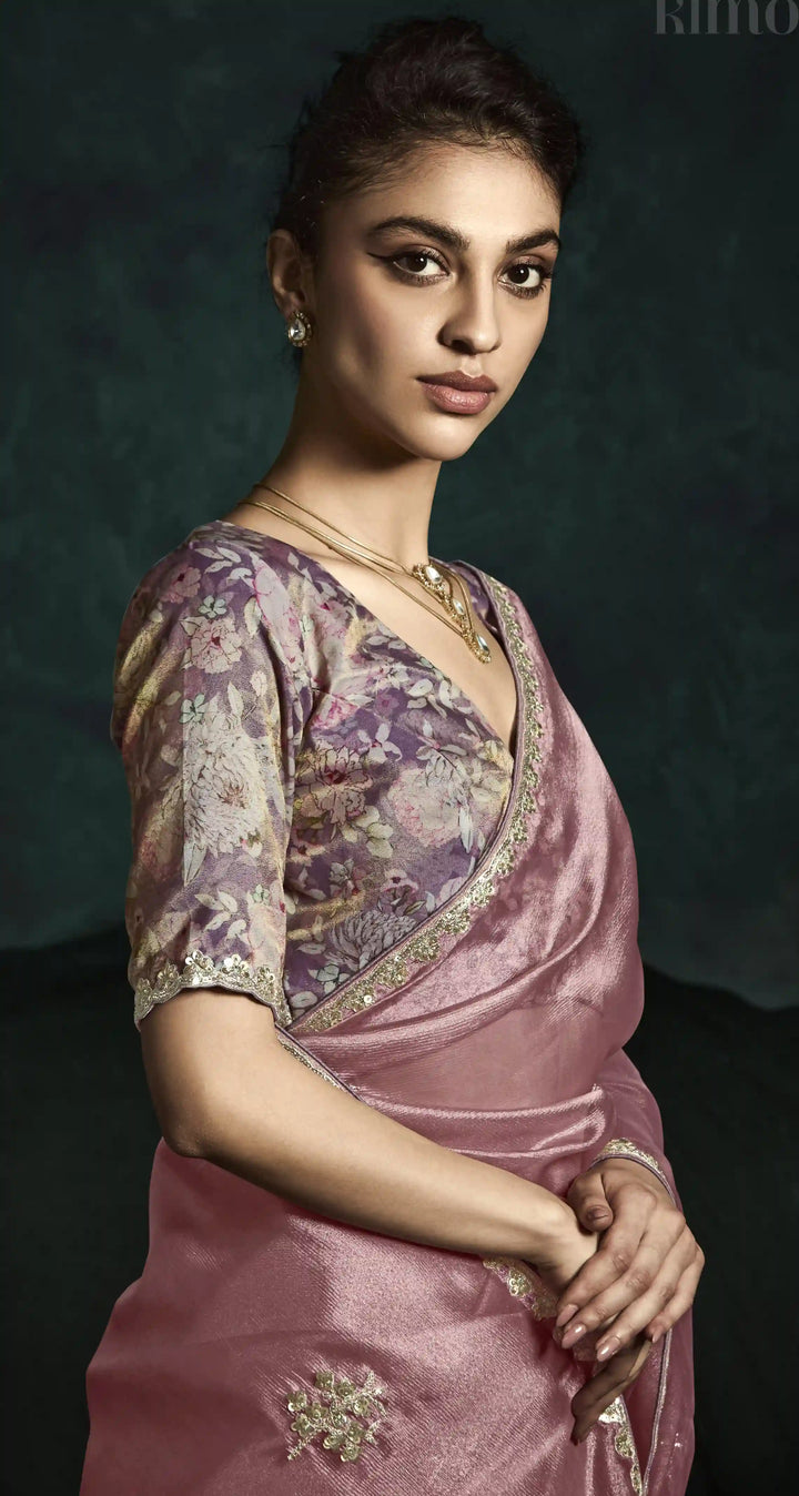 Modern Elegance: Dusty Pink Saree with Embroidered Butti Work
