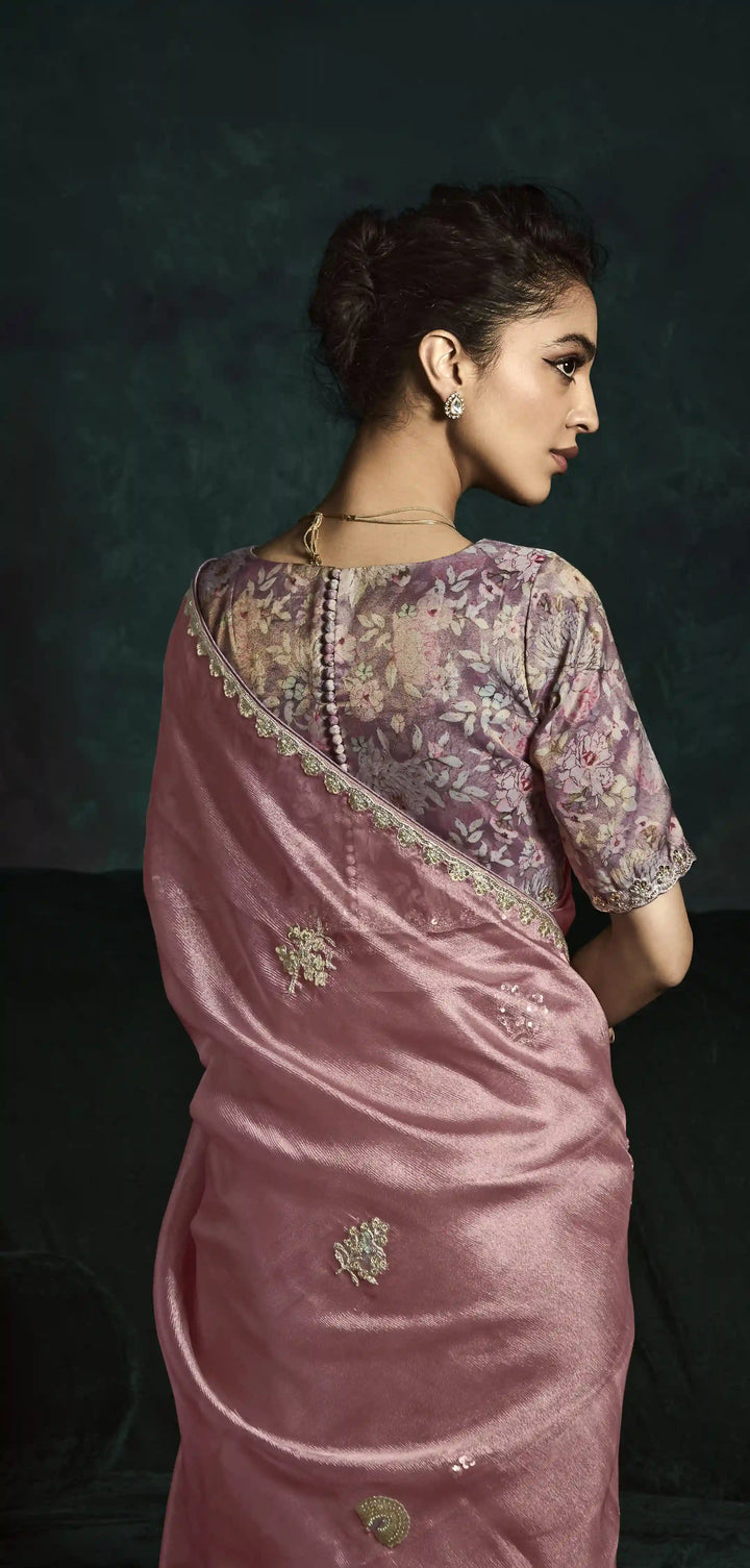 Modern Elegance: Dusty Pink Saree with Embroidered Butti Work