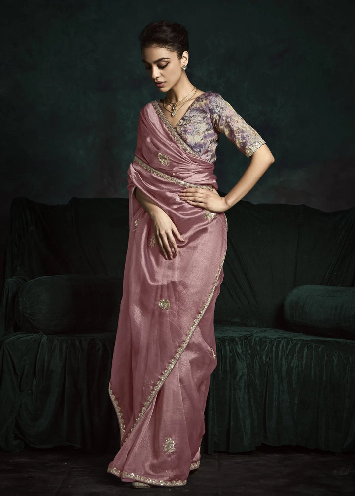 Modern Elegance: Dusty Pink Saree with Embroidered Butti Work
