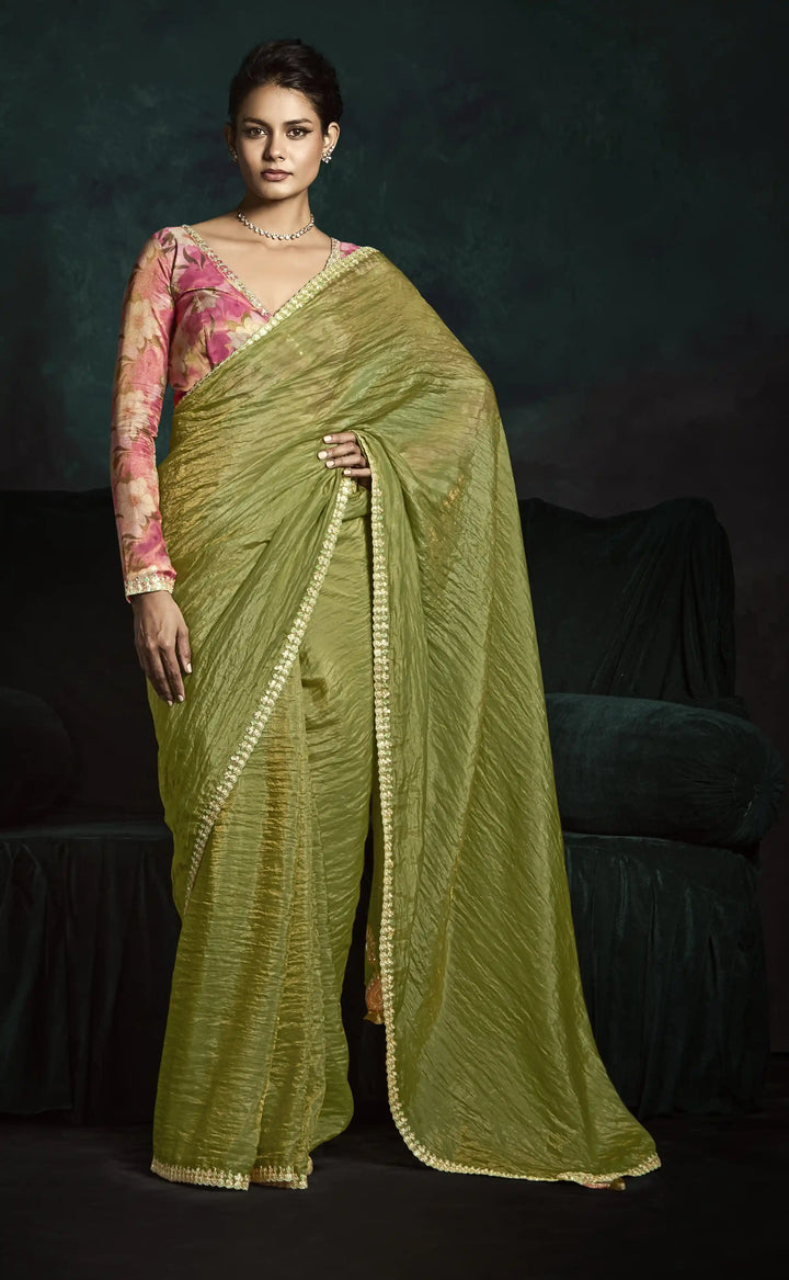 Gorgeous Pista Green Fancy Saree with Intricate Sequins & Dhaga Work