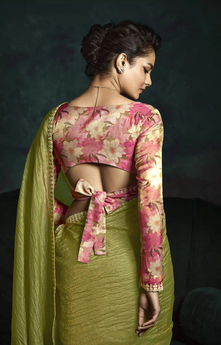 Gorgeous Pista Green Fancy Saree with Intricate Sequins & Dhaga Work