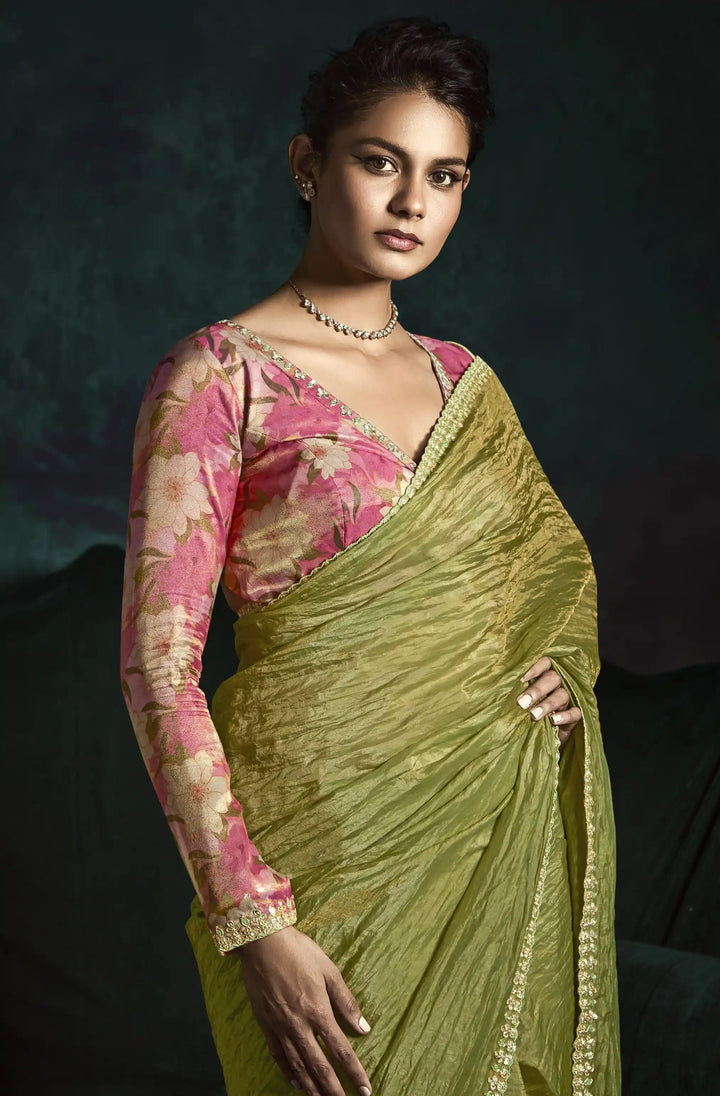 Gorgeous Pista Green Fancy Saree with Intricate Sequins & Dhaga Work