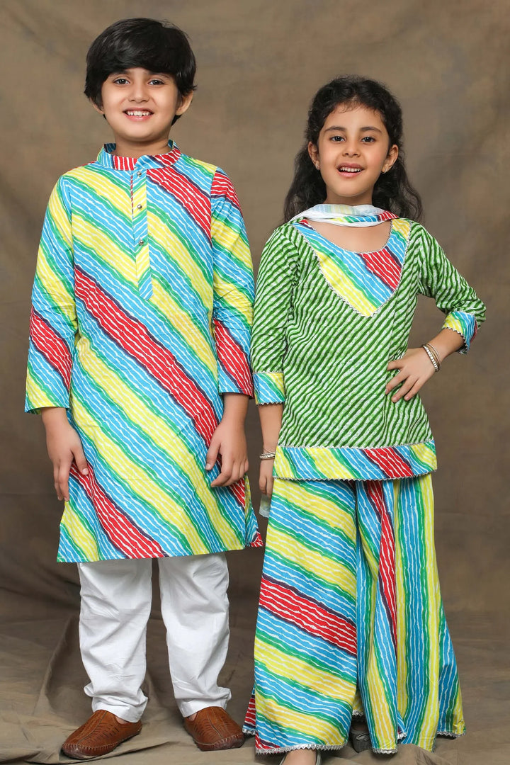 Vibrant Green And Multicolored Leheriya Brother and Sister Twin Set