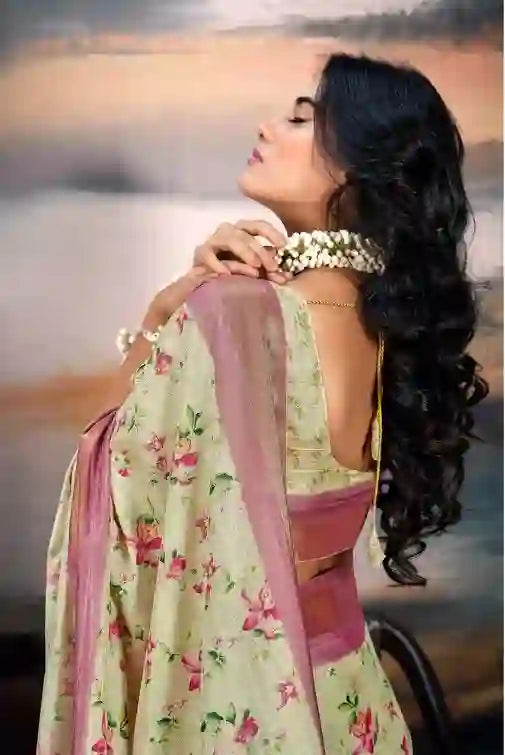 Beautiful Pista Green Cotton Silk Saree with Unique Zari & Digital Print