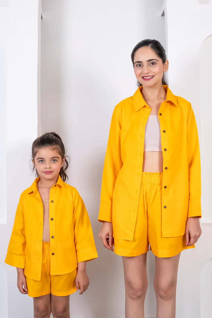 Mommy and Me Mustard Cotton Co-Ord Set | Summer Shorts & Shirt Outfit