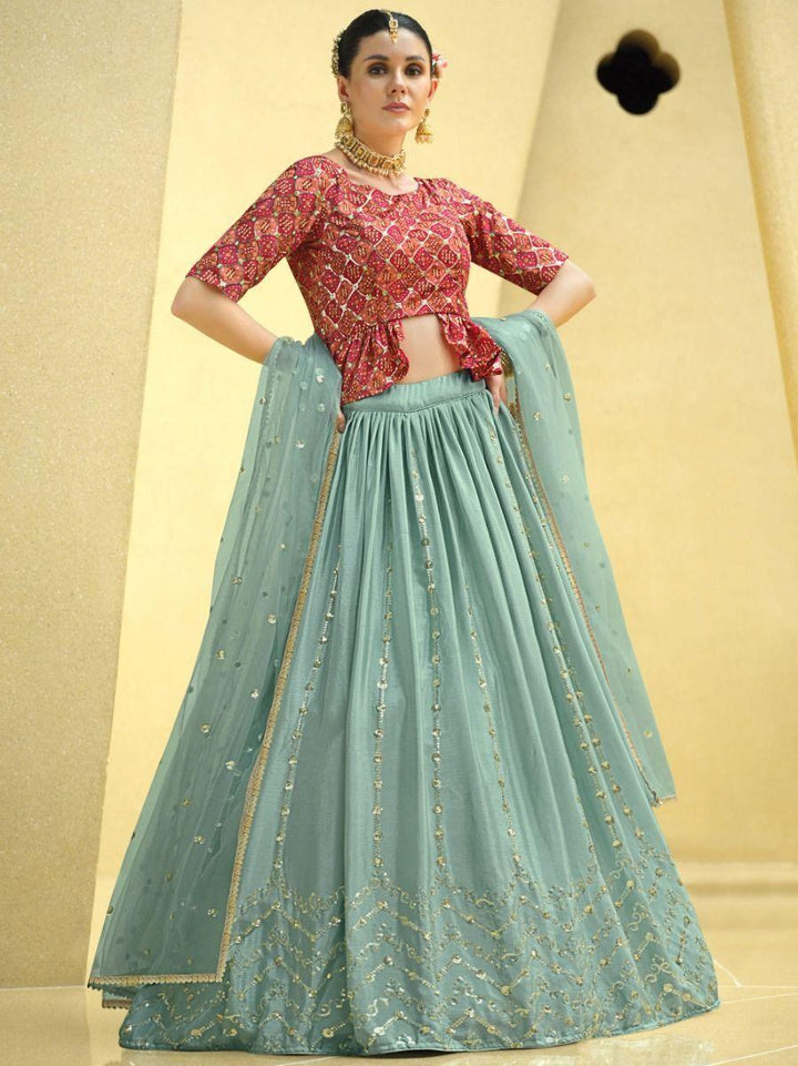 Sea green Sequins Embroidered | Chinon Silk Lehenga Choli with Dupatta Collection