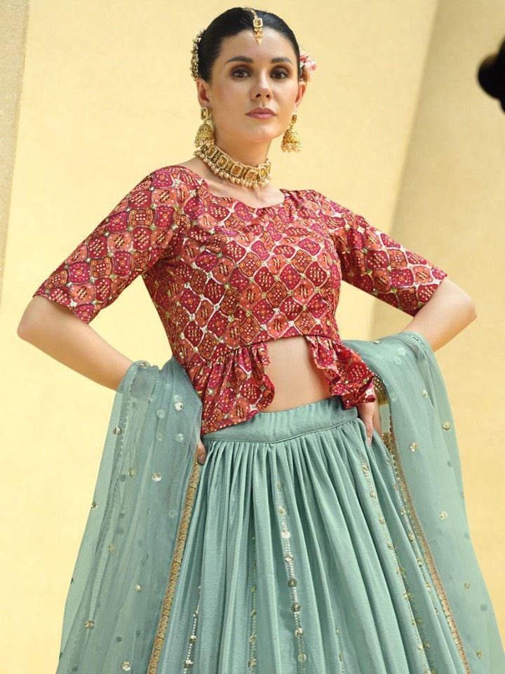 Sea green Sequins Embroidered | Chinon Silk Lehenga Choli with Dupatta Collection