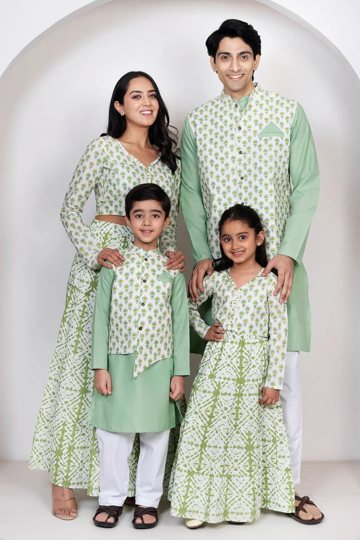 Sea Green Cotton Lehenga Choli with Matching Kurta Pyjama and Jacket Set - Family Twin Set