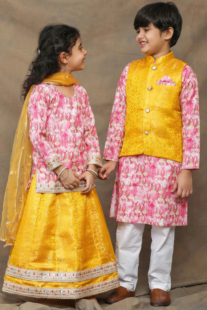 Sunny Yellow and Fuchsia floral Brocade Brother and Sister Twin Set
