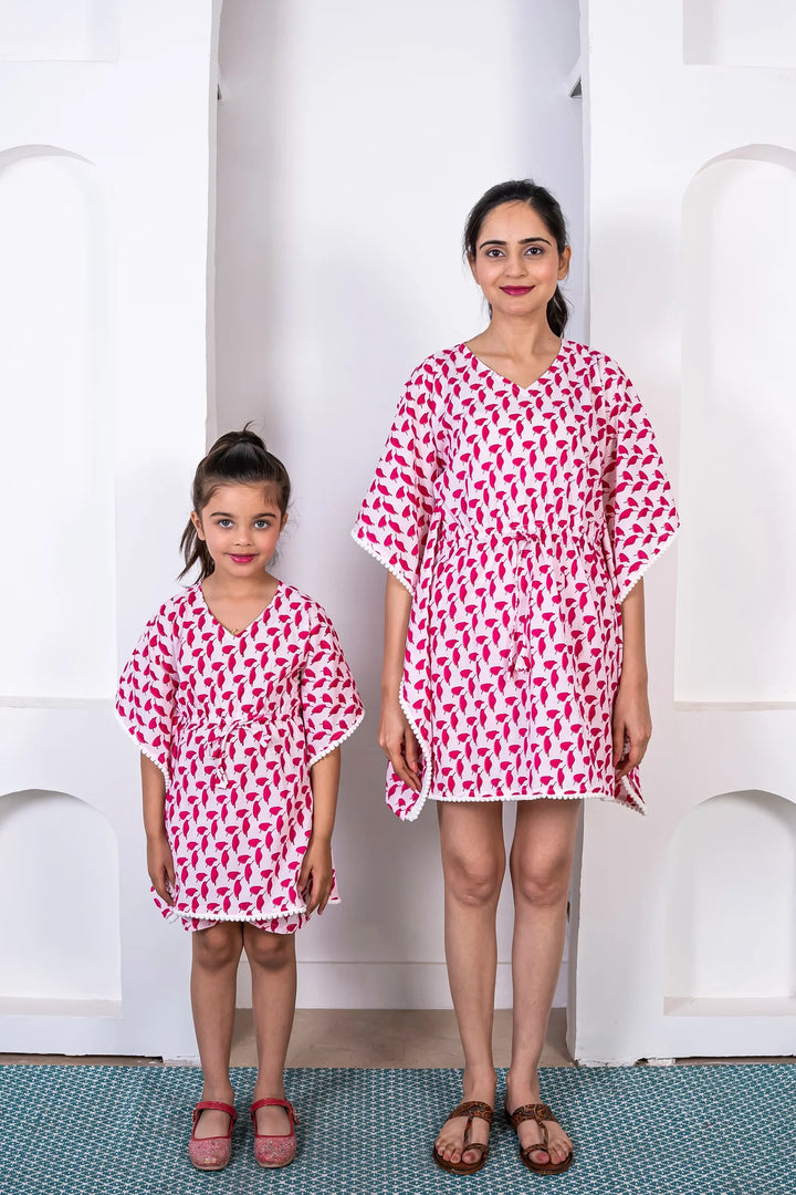 Stylish Holiday Wear: Matching Outfits for Mom and Daughter - White and Red Cotton Kaftan and Shorts Set