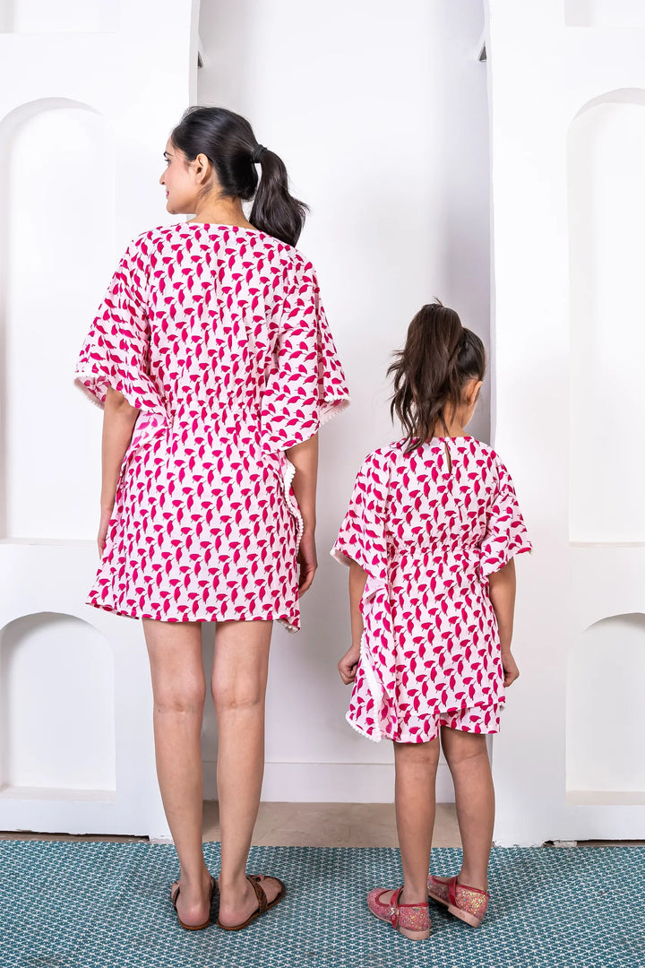 Stylish Holiday Wear: Matching Outfits for Mom and Daughter - White and Red Cotton Kaftan and Shorts Set