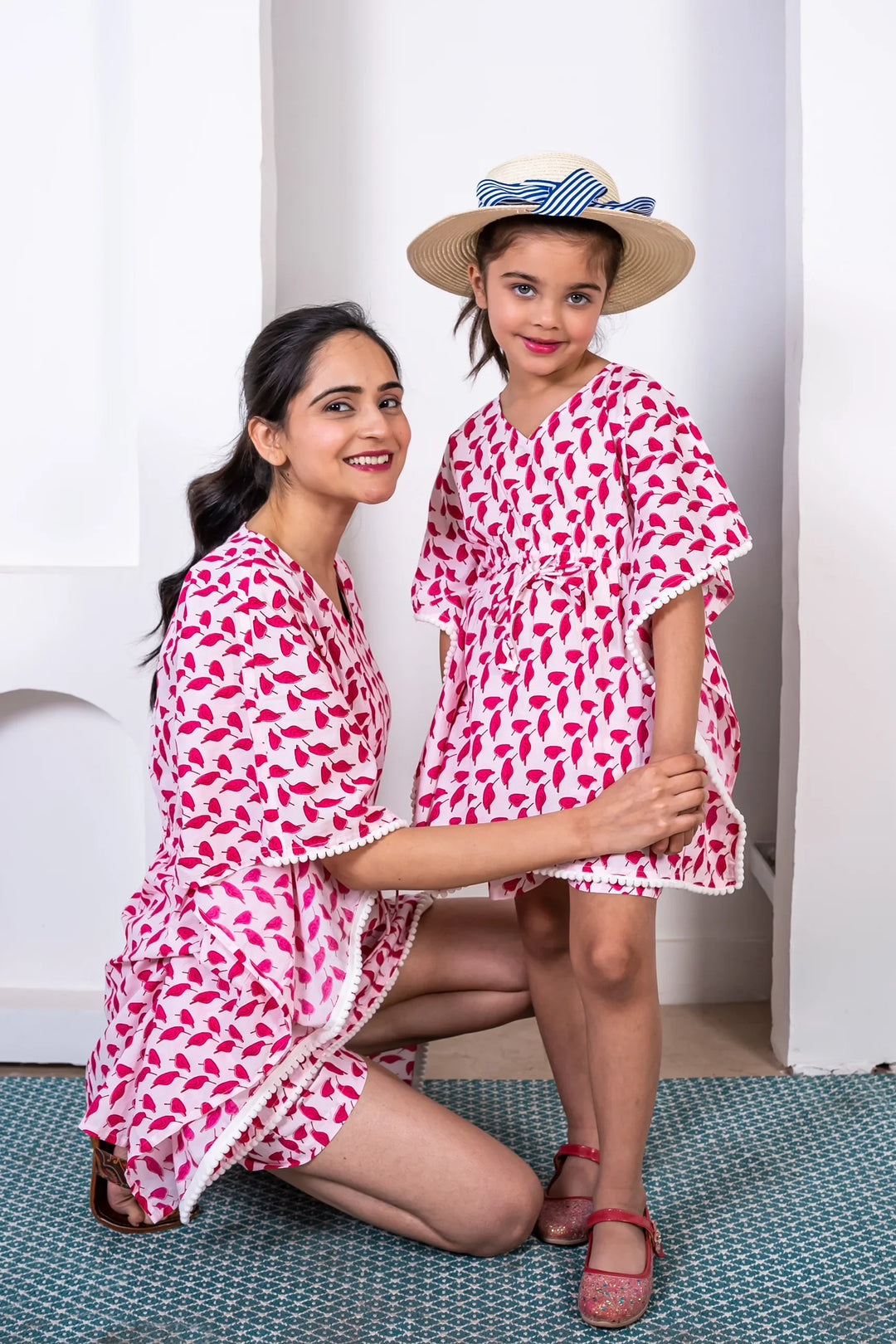 Stylish Holiday Wear: Matching Outfits for Mom and Daughter - White and Red Cotton Kaftan and Shorts Set