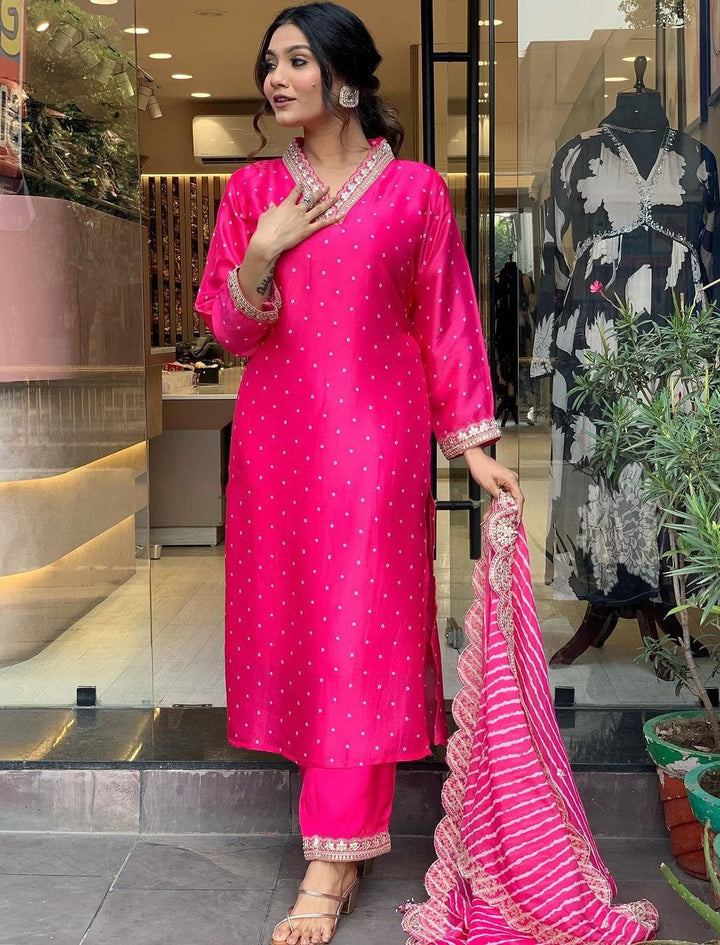 Ranipink Viscose Kurti Set | Thread Zari Embroidery Kurta Pant
