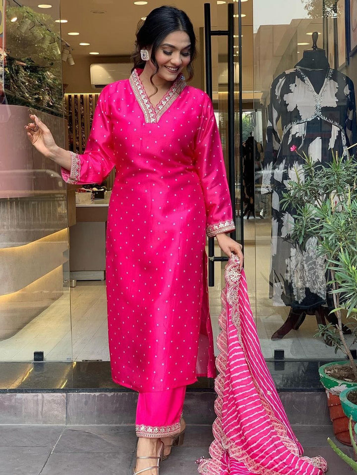 Ranipink Viscose Kurti Set | Thread Zari Embroidery Kurta Pant
