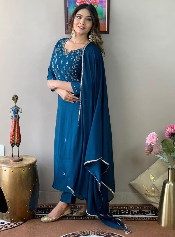 Ocean Blue Rayon Slub Kurti Set | Thread Zari Embroidery Kurta Pant