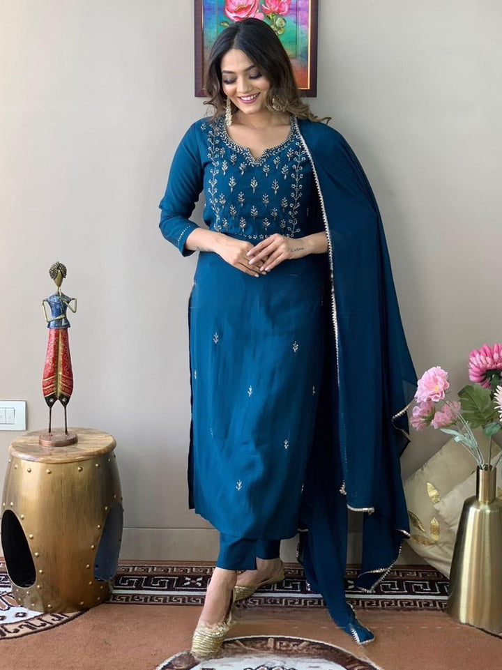 Ocean Blue Rayon Slub Kurti Set | Thread Zari Embroidery Kurta Pant