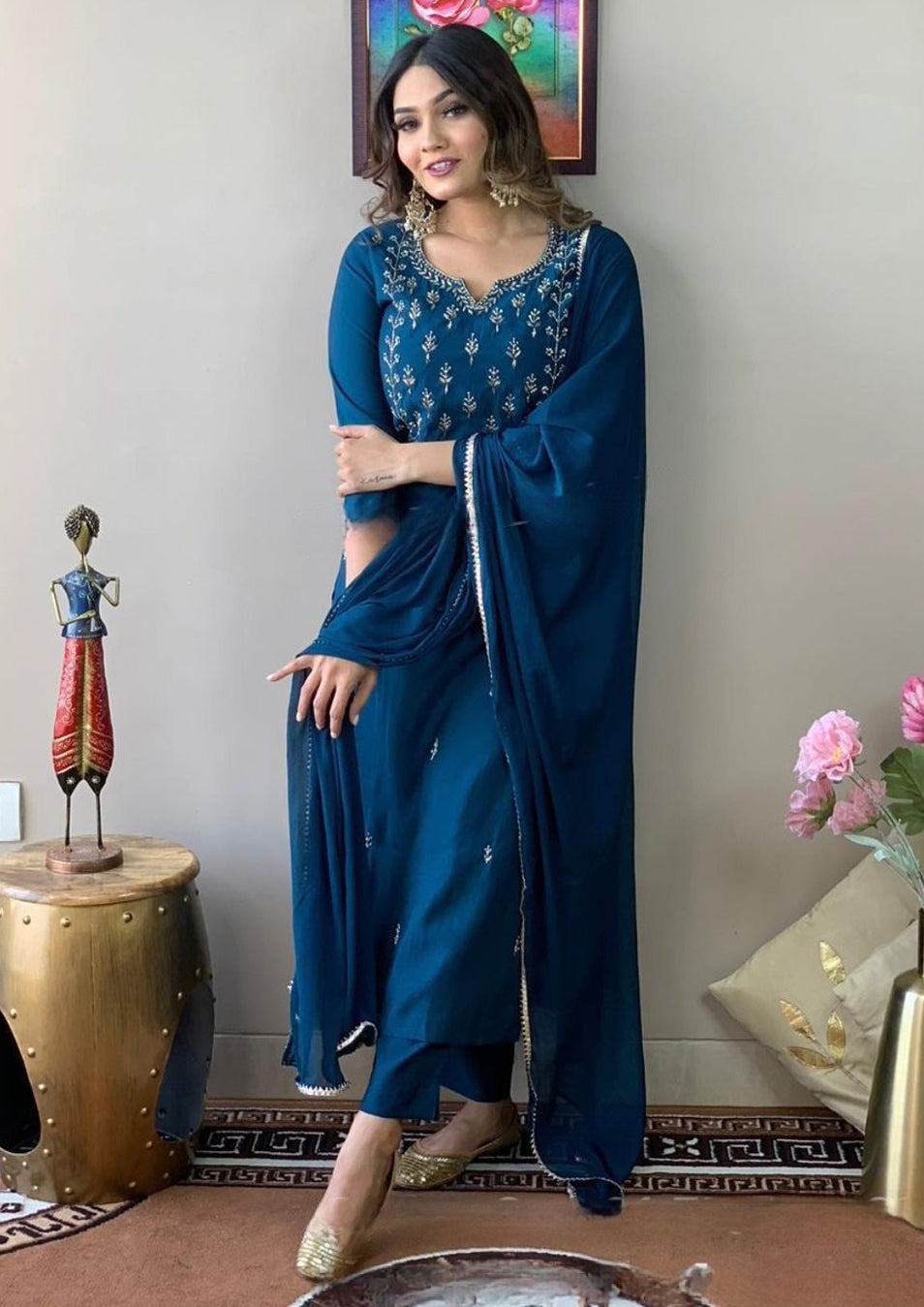 Ocean Blue Rayon Slub Kurti Set | Thread Zari Embroidery Kurta Pant