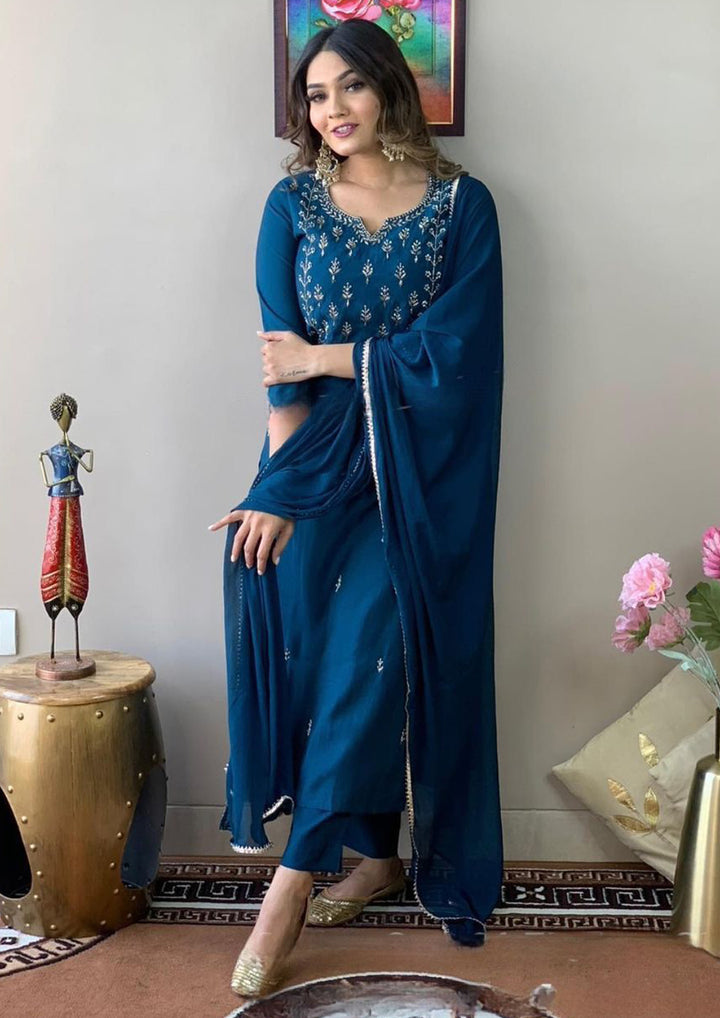 Ocean Blue Rayon Slub Kurti Set | Thread Zari Embroidery Kurta Pant