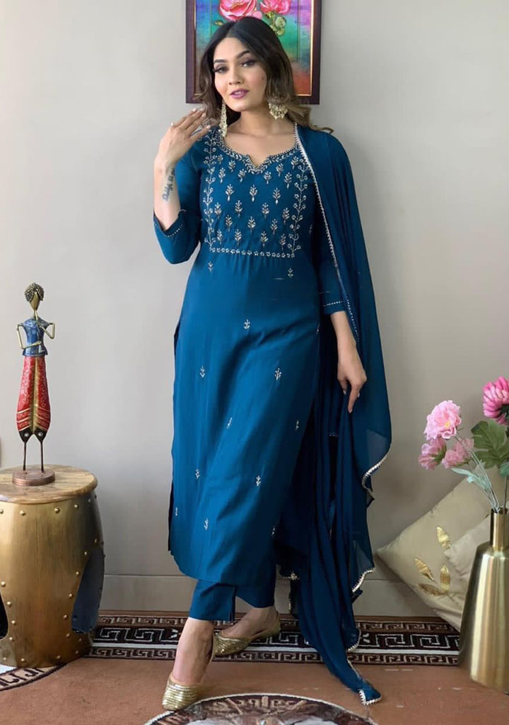 Ocean Blue Rayon Slub Kurti Set | Thread Zari Embroidery Kurta Pant