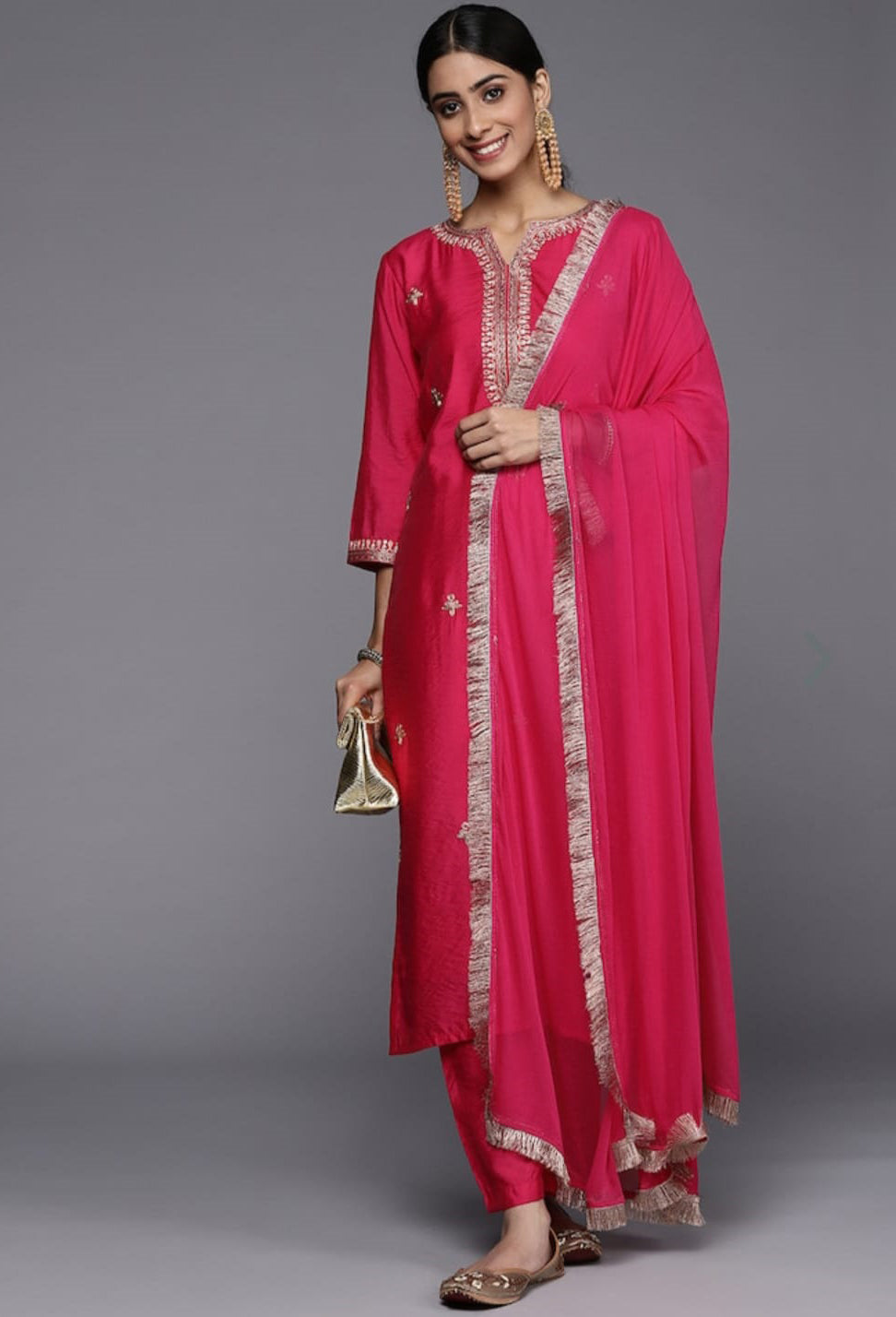 Ranipink Viscose Kurti Set | Thread Zari Embroidery Kurta Pant