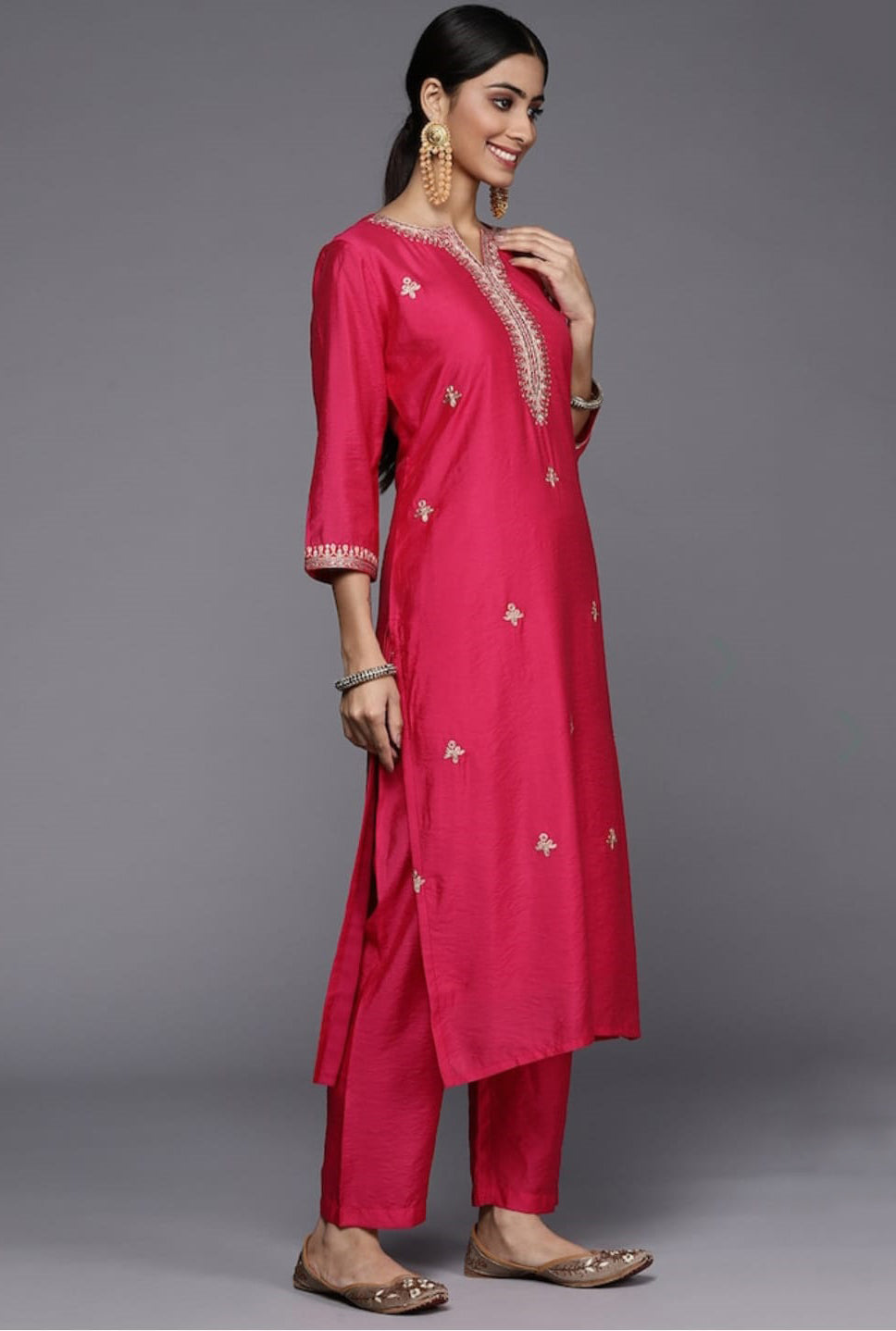 Ranipink Viscose Kurti Set | Thread Zari Embroidery Kurta Pant