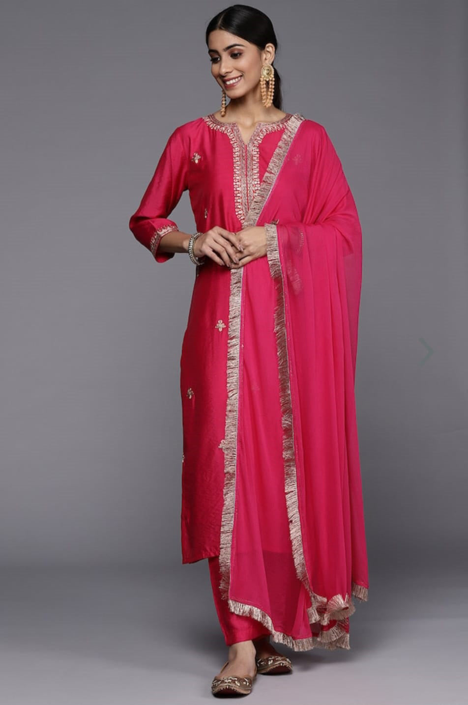 Ranipink Viscose Kurti Set | Thread Zari Embroidery Kurta Pant