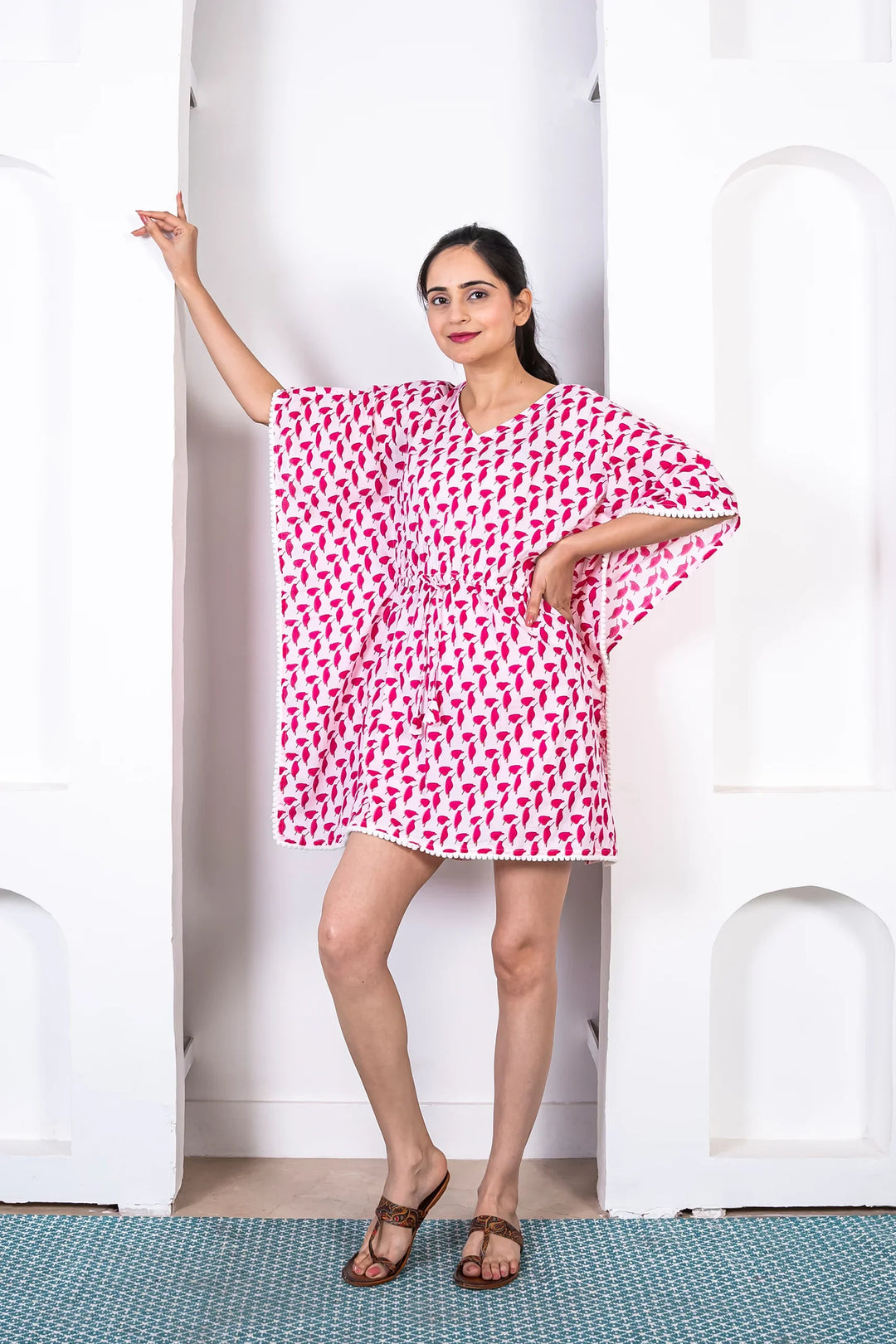 Stylish Holiday Wear: Matching Outfits for Mom and Daughter - White and Red Cotton Kaftan and Shorts Set