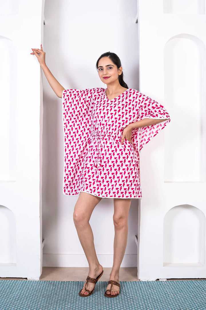 Stylish Holiday Wear: Matching Outfits for Mom and Daughter - White and Red Cotton Kaftan and Shorts Set