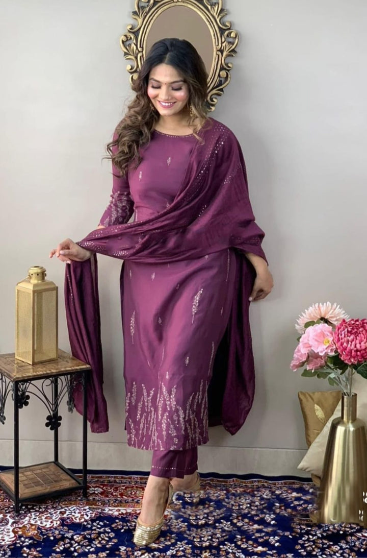 Wine Rayon Slub Kurta Set | Chinon Dupatta with Zari Embroidery