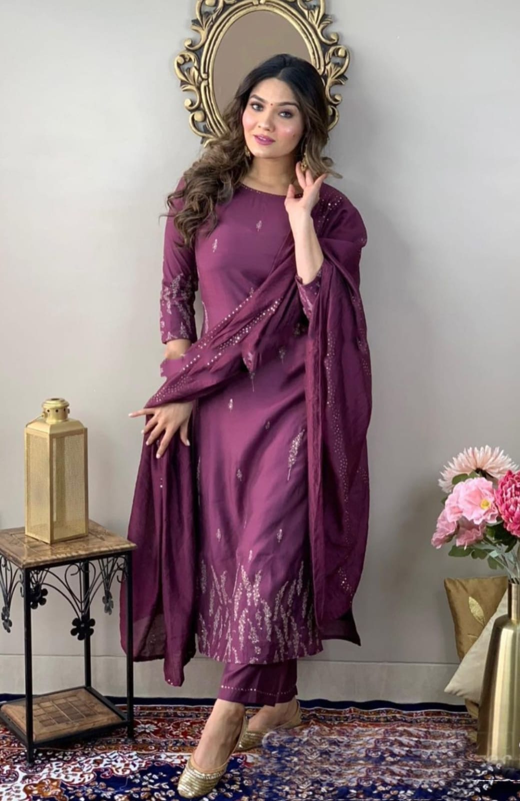 Wine Rayon Slub Kurta Set | Chinon Dupatta with Zari Embroidery