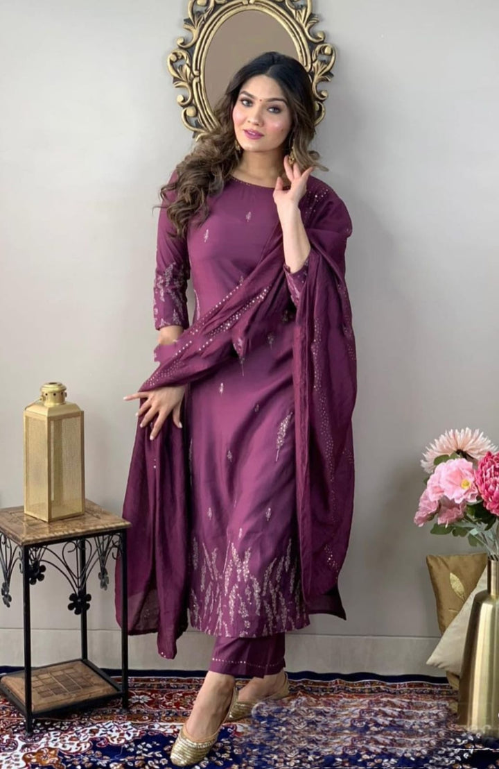 Wine Rayon Slub Kurta Set | Chinon Dupatta with Zari Embroidery