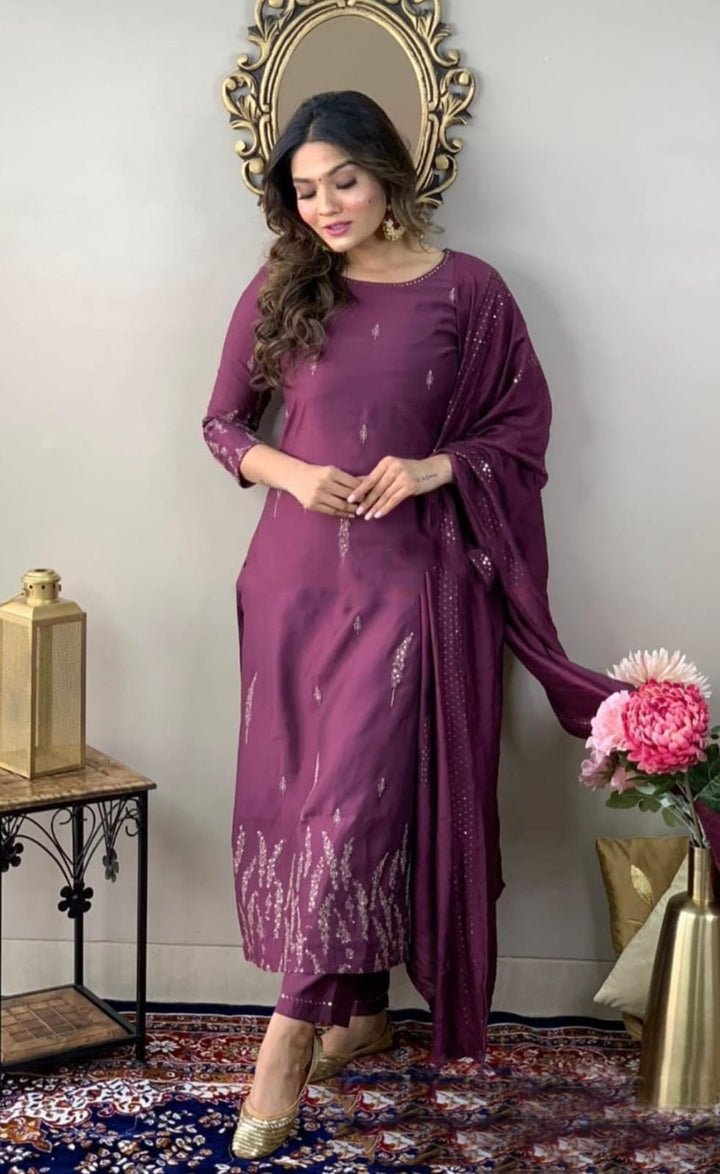 Wine Rayon Slub Kurta Set | Chinon Dupatta with Zari Embroidery