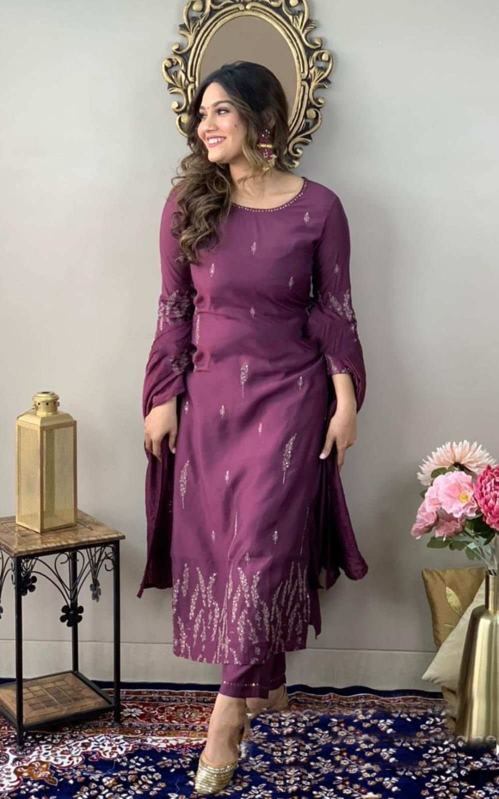 Wine Rayon Slub Kurta Set | Chinon Dupatta with Zari Embroidery