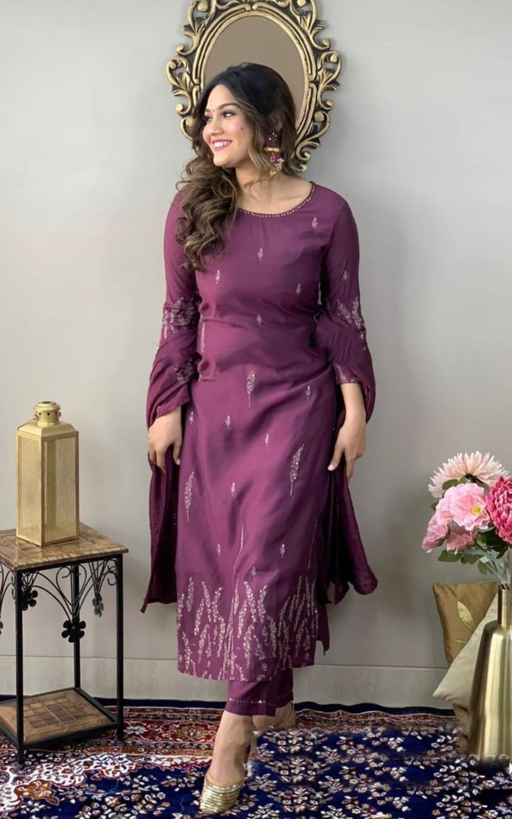Wine Rayon Slub Kurta Set | Chinon Dupatta with Zari Embroidery