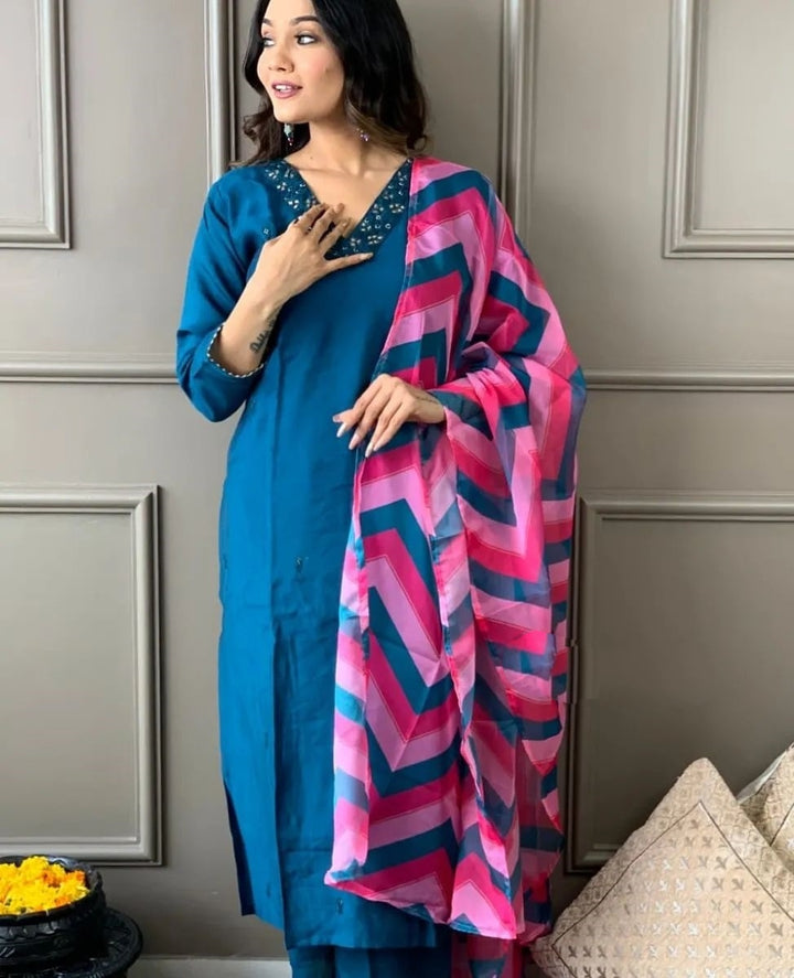 Ocean Blue Rayon Slub Salwar Kameez | Thread Zari Embroidery Work Suit