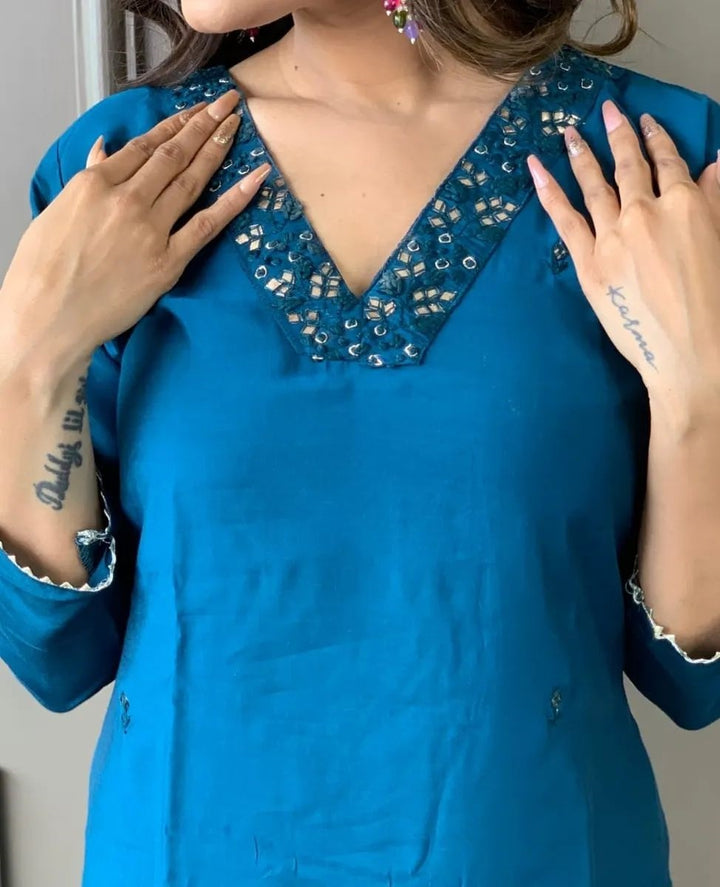 Ocean Blue Rayon Slub Salwar Kameez | Thread Zari Embroidery Work Suit