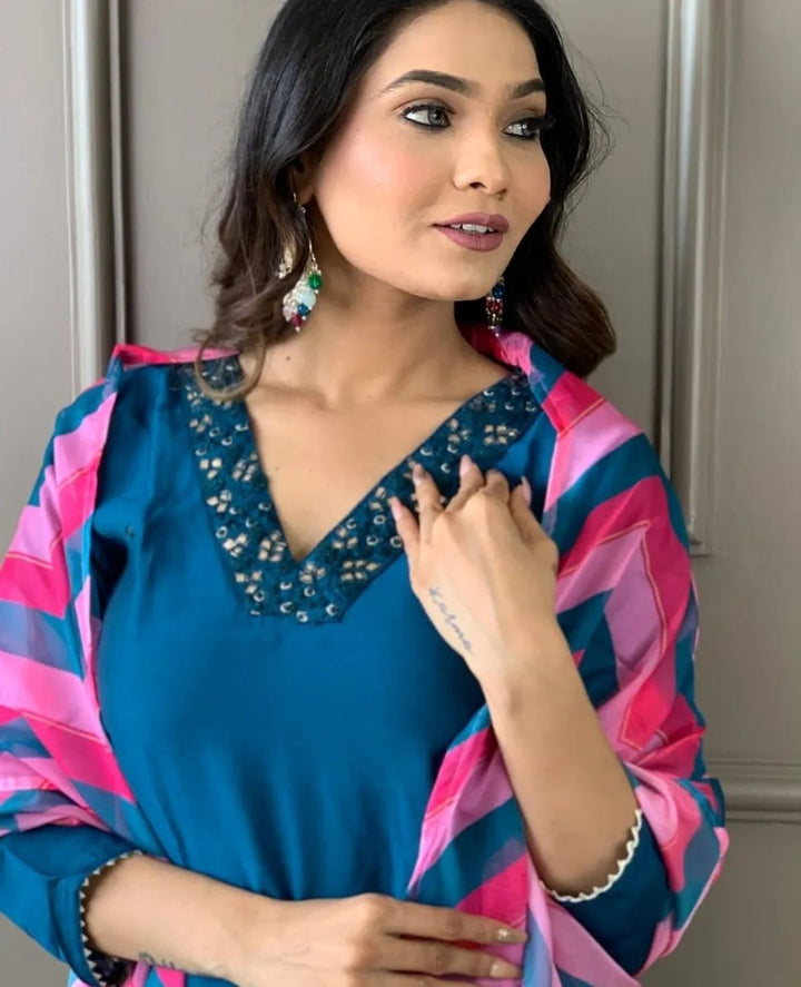 Ocean Blue Rayon Slub Salwar Kameez | Thread Zari Embroidery Work Suit