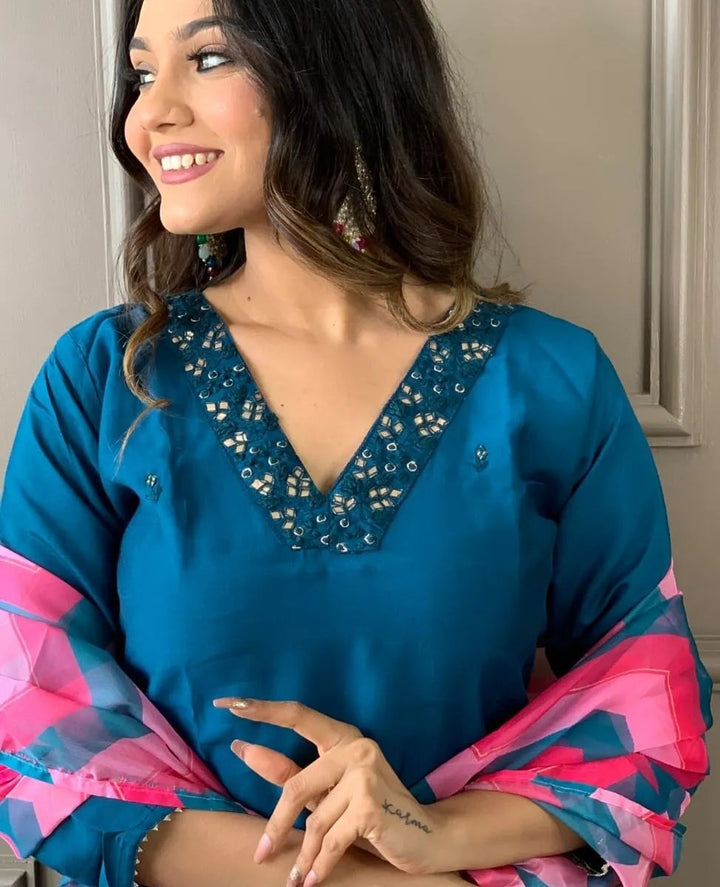 Ocean Blue Rayon Slub Salwar Kameez | Thread Zari Embroidery Work Suit