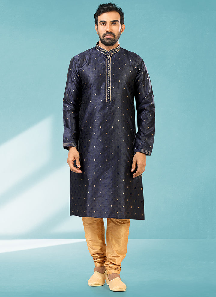 Luxurious Brocade Silk Navy Blue Kurta Pajama | A Must-Have for Festive Wardrobes