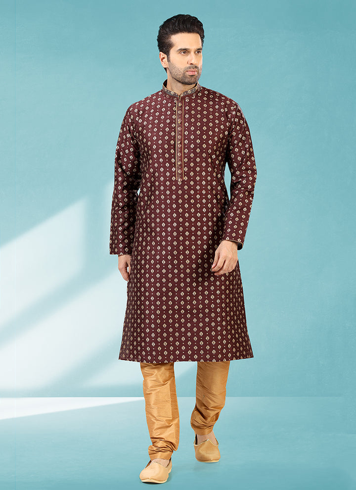 Maroon Jacquard Silk Brocade Kurta Pajama | Fancy Party Wear Outfit