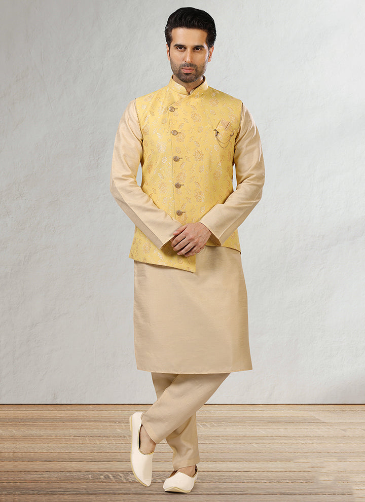 Mustard Yellow Banarasi Silk Kurta Pajama | Jacquard Fancy Jacket Set