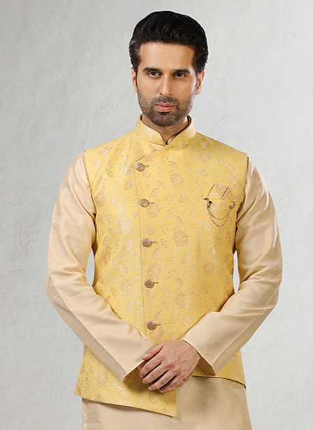 Mustard Yellow Banarasi Silk Kurta Pajama | Jacquard Fancy Jacket Set