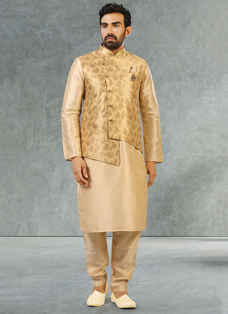 Gold Jacquard Banarasi Silk Kurta Pajama with Jacket | Fancy Wedding Wear
