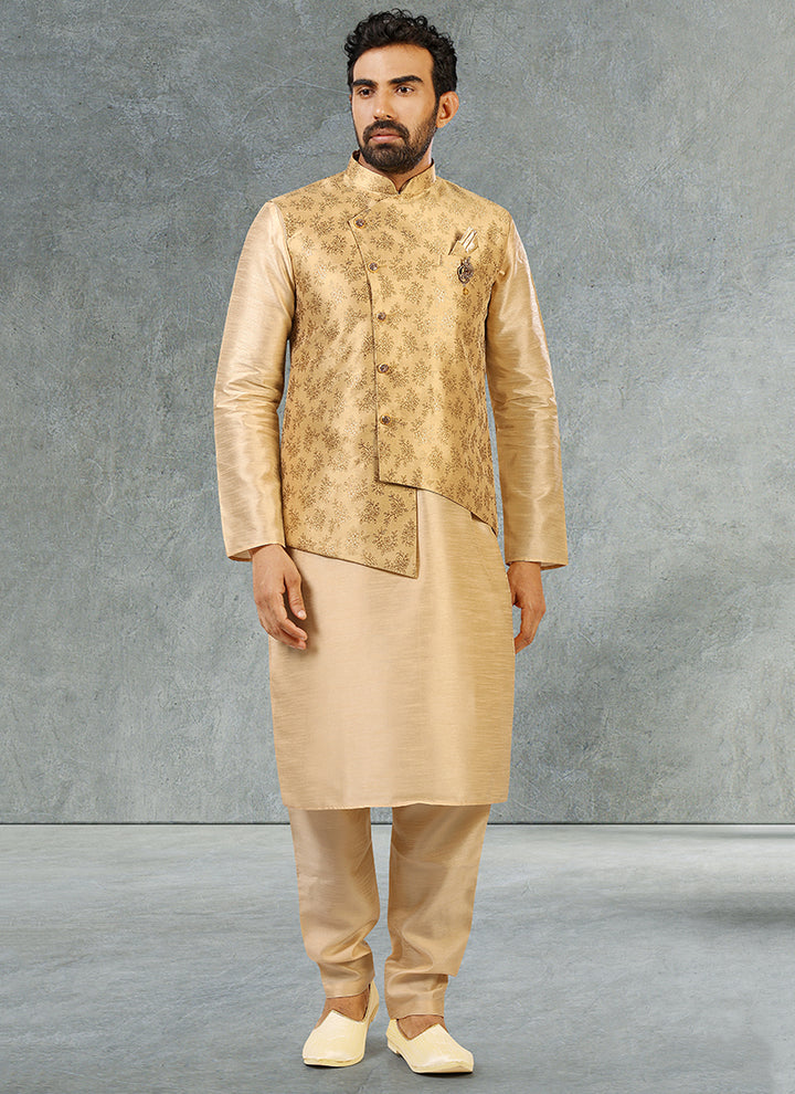 Gold Jacquard Banarasi Silk Kurta Pajama with Jacket | Fancy Wedding Wear
