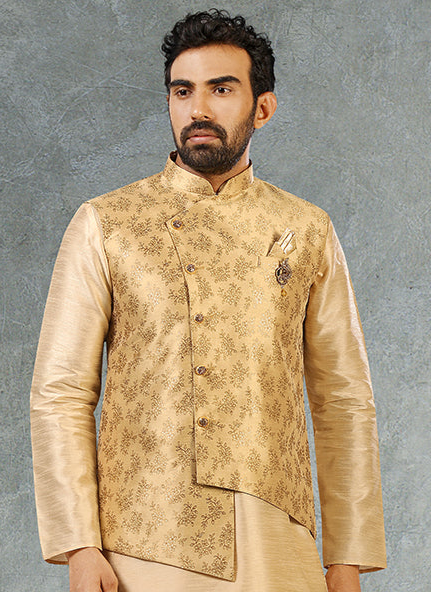 Gold Jacquard Banarasi Silk Kurta Pajama with Jacket | Fancy Wedding Wear