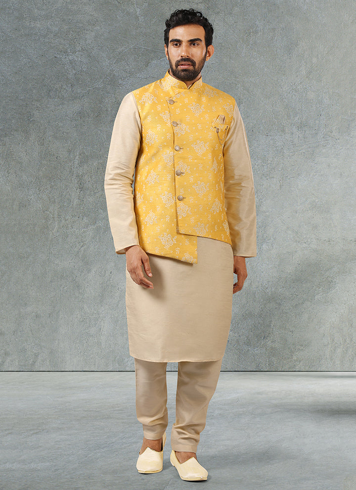 Banarasi Silk Fancy Work Kurta Pajama With Yellow Jacket Set | Party Outfit