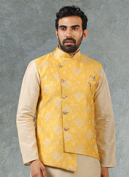 Banarasi Silk Fancy Work Kurta Pajama With Yellow Jacket Set | Party Outfit