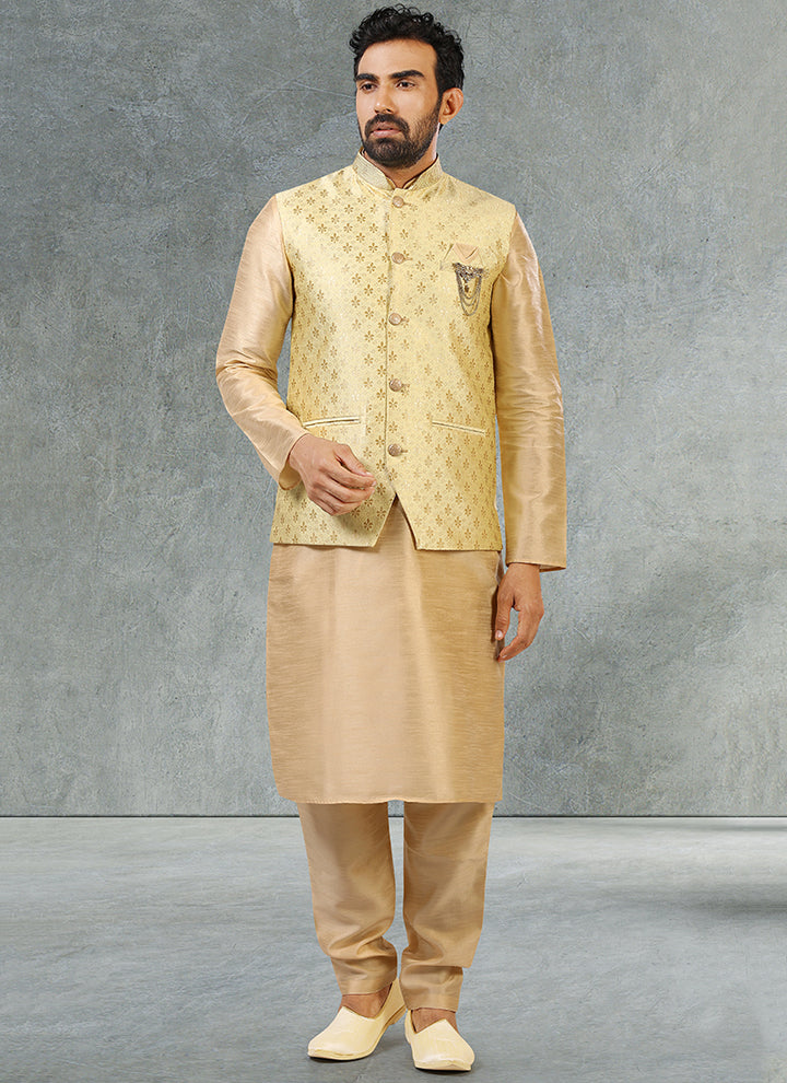 Beige Jacquard Banarasi Silk Kurta Pajama With Jacket Set | Fancy Work Party Wear