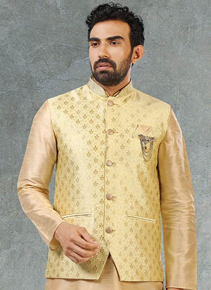 Beige Jacquard Banarasi Silk Kurta Pajama With Jacket Set | Fancy Work Party Wear